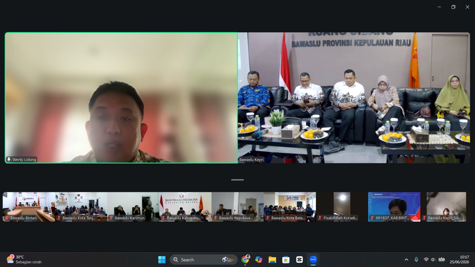 Screenshot kegiatan Rapat Pembinaan dan Penguatan Kelembagaan bagi Bawaslu Provinsi dan Bawaslu Kabupaten/Kota (25/06/2026)