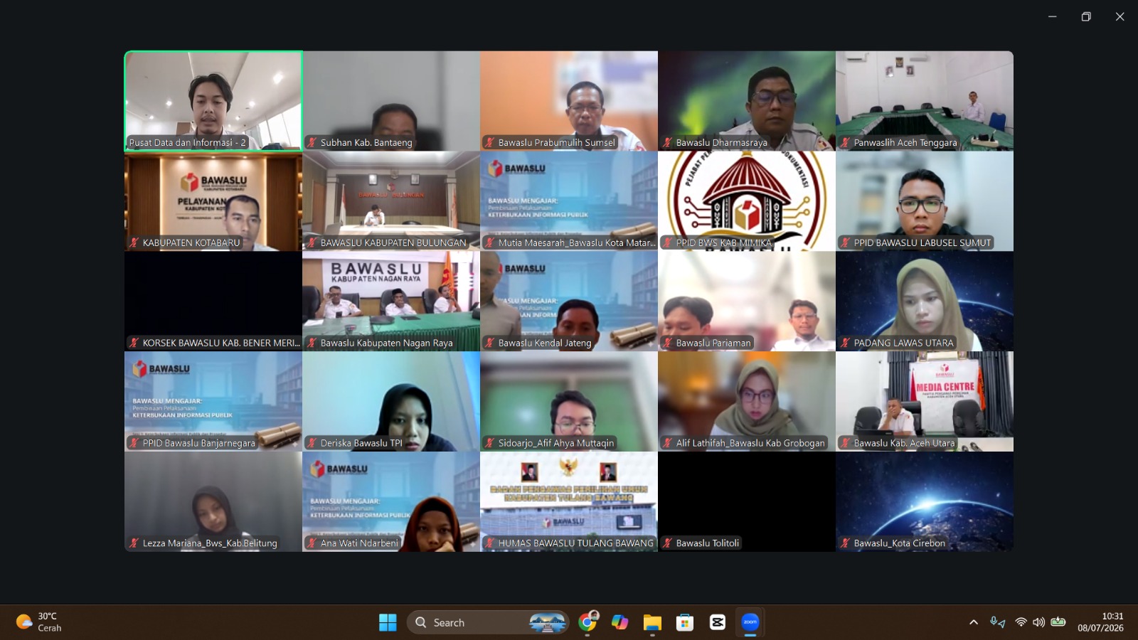 Tangkapan layar rapat koordinasi Sosialisasi Monitoring Keterbukaan Informasi Publik Tahun 2026 (08/07/2026)