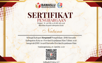 Bawaslu Kabupaten Natuna raih penghargaan JDIH Award yang dilaksanakan oleh Bawaslu Provinsi Kepulauan Riau pada (26/08/2026)